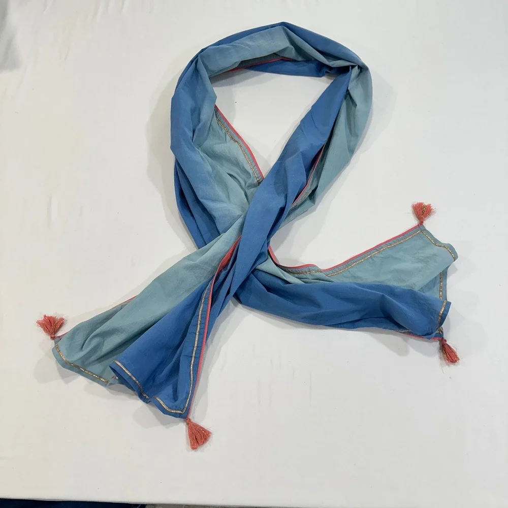 Fabindia‎ Ombre Dupatta Scarf Girls 10-12 Blue Tassels Gold Trim | Ethnic Boho